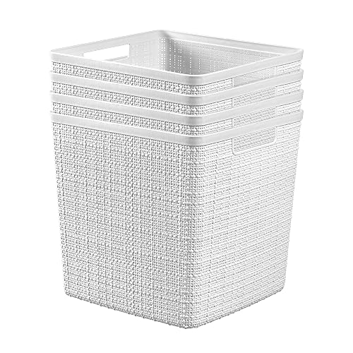 Curver Set of 4 Large Cube 17L Jute Decorative Plastic Organization and Storage Baskets - Perfect Bins for Home Office, Closet Shelves, Kitchen Pantry and All Bedroom Essentials, White - color: White, size: Large Cube 17L