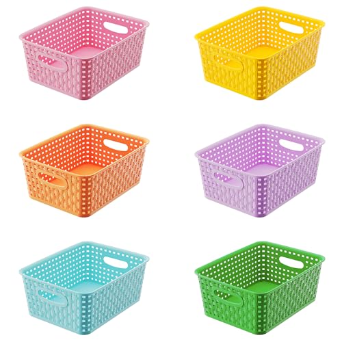 6-Pack Colorful Small Plastic Storage Weave Baskets, Versatile Shelf Organizer Woven Baskets for Classrooms, Children's Rooms & Pantries, 10x7.5x4 inch - color: Colorful