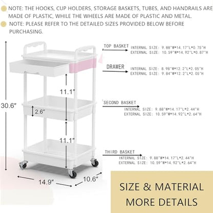 Goovilla 3 Tier Rolling Utility Cart Organizer with Removable Drawer, Stable and Sturdy White Rolling Storage Carts with 2 Lockable Wheels for Bathroom, Kitchen, Snack, Craft, Makeup, Baby Essentials - size: 3 Tier, style: White