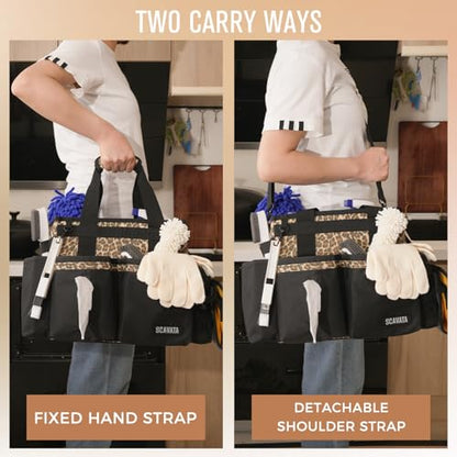 SCAVATA Compact Wearable Cleaning Caddy, Small Cleaning Supplies Organizer with Handle & Shoulder Straps for Housekeepers, under Sink & Car Cleaning Tool Organizers Bag (Leopard) - color: Leopard