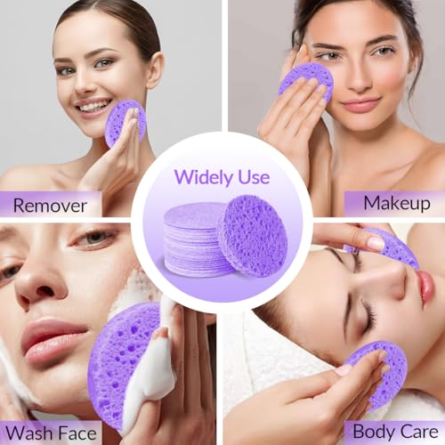 100-Count Facial Sponges Compressed Natural Cellulose Sponge Round Shape Face Sponge for Face Cleansing Exfoliating and Makeup Removal, Purple - color: 100- Pack Purple