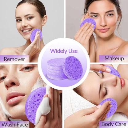 50-Count Facial Sponges Compressed Natural Cellulose Sponge Round Shape Face Sponge for Face Cleansing Exfoliating and Makeup Removal, Purple - color: 50- Pack Purple