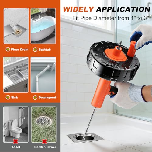 Auto-Feed Drain Snake Auger 25 ft with Drill Adapter, Plumbing Snake Drain Hair Removal Tool, Drain Auger Snake Hair Drain Clog Remover for Shower Kitchen Bathroom Sink, Come with Gloves