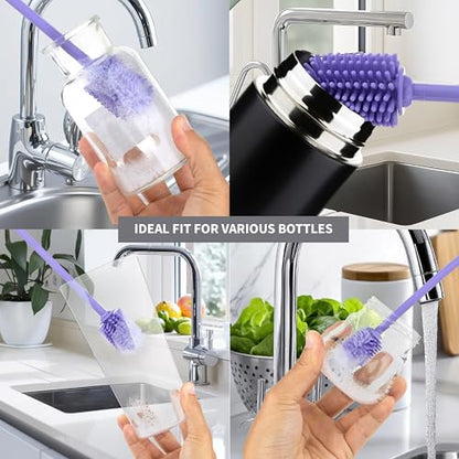A-Brush Silicone Bottle Cleaner Brush, 3 Piece Set, Long Handle - Water Bottle Cleaner, Baby Bottle Nipple Brush for Plastic & Glass, BPA-Free Dish Washing Brush A2S Protection - color: Purple 3pk