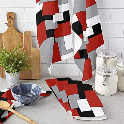 Geo Kitchen Towels,White Grey Black Red Abstract Irregular Geometric 16x28 Inches Soft Kitchen Dish Cloth,Cotton Tea Towels/Bar Towels/Hand Towels,(4 Pack) - color: Color Blockzag8191, size: 4PCS