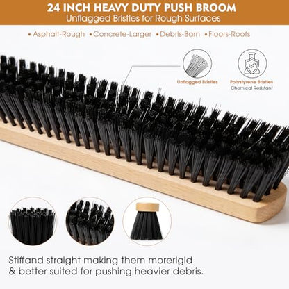 24-Inch Push Broom Set for Indoor & Outdoor Cleaning, Heavy Duty Sweeping Brooms with 61-Inch Solid Wood Handle, Soft & Stiff Bristle Combo for Garage, Shop, Patio & Home (2-Pack)