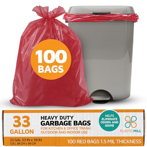 PlasticMill Heavy Duty Trash Bags - Red Garbage Bags - Plastic Waste Bags - Tall Trash Sacs, Trash Can Liners - 33-Gallon Large Kitchen Trash Bags, 1.5 Mil, 33"x39" (100-Count) - size: 1 Count (Pack of 100)