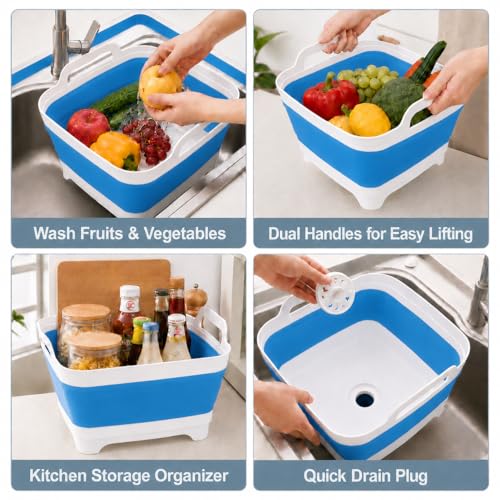 2.4 Gal(9L) Collapsible Dish Basin with Drain Plug, Space Saving Outdoor Multiuse Foldable Sink Tub, Dishpan, Kitchen Storage Tray for Camping, Vegetable Washing, RV (Blue) - color: Blue