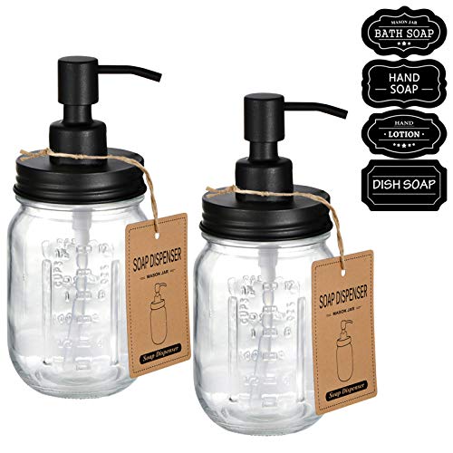 Amolliar Mason Jar Liquid Soap Dispenser, 16OZ Refillable Glass Soap Dispenser for Bathroom, Hand Soap, Dish Soap, Lotion Dispenser for Kitchen, Farmhouse Decor, Soap Pump Bottle, Black 2 Pack - color: Black, size: 2 Pack