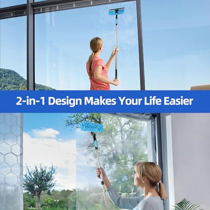 122'' Window Washing Kit with Extension Pole, 2-in-1 Window Cleaning Kit with Scrubber and Rotating Head, Window Cleaner Tool for Shower Rooms, Glass, Floors, Tiles, Walls, Car Windshields - size: 122''