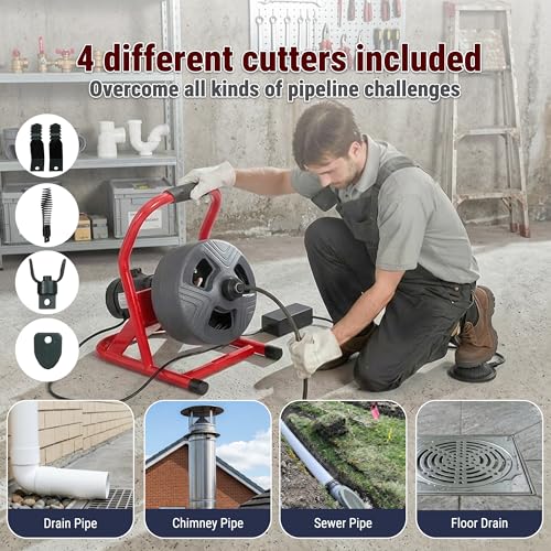 50FT x 5/16 Inch Drain Cleaner Machine, Electric Drain Auger for 3/4"-3" Pipes, Sewer Snake Auger with 4 Cutters & Pneumatic Foot Switch - style: 50FT x 5/16inch