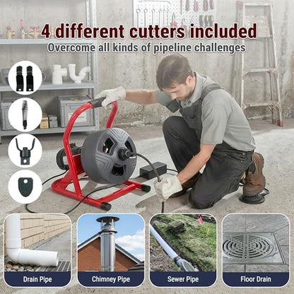 50FT x 5/16 Inch Drain Cleaner Machine, Electric Drain Auger for 3/4"-3" Pipes, Sewer Snake Auger with 4 Cutters & Pneumatic Foot Switch - style: 50FT x 5/16inch
