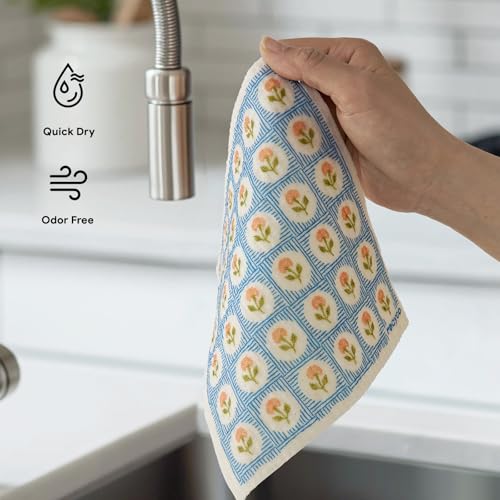 RECYCO Swedish Dishcloths for Kitchen | 6 Packs Bloom Tiles Washable Dish Rags | Cellulose Reusable Cleaning Paper Towels | Absorbent Counter Dish Cloth Sponge Kitchen Wipes, 8" L x 7" W - color: Bloom Tiles - 6 Pack