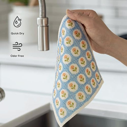 RECYCO Swedish Dishcloths for Kitchen | 6 Packs Bloom Tiles Washable Dish Rags | Cellulose Reusable Cleaning Paper Towels | Absorbent Counter Dish Cloth Sponge Kitchen Wipes, 8" L x 7" W - color: Bloom Tiles - 6 Pack