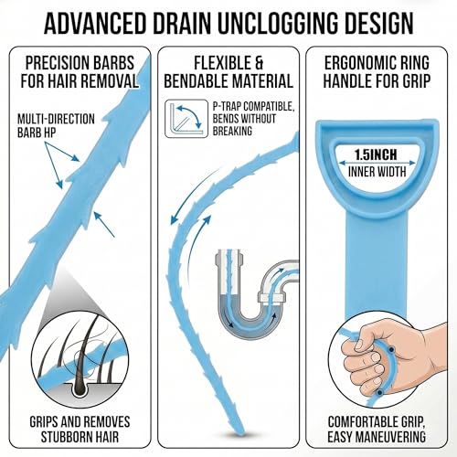 Drain Hair Remover Tool 3 Pcs Set, 20 Inch Flexible Drain Cleaning Snake, Plastic Drain Clog Remover for Sink, Shower, Bathtub and Bathroom Drain, Reusable Hair Removal Tool, Green - color: Blue