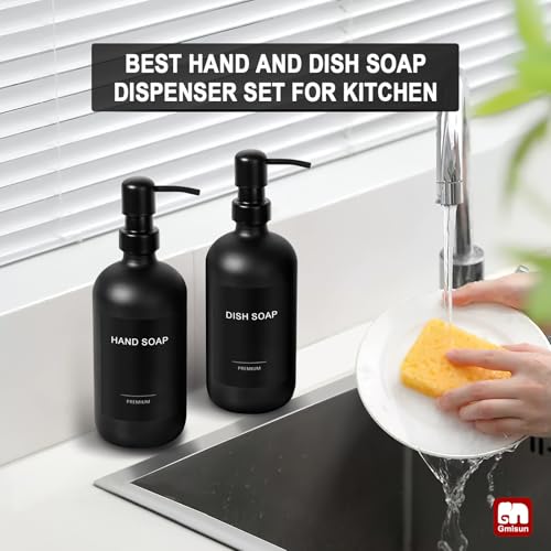 GMISUN Black Soap Dispenser, 2 Pack Matte Black Hand Soap Dispensers Bathroom with Stainless Steel Pump, 17 Fl Oz Glass Dish Soap Dispenser Set for Kitchen, Modern Liquid Soap Bottle with Labels - color: Black Bottle + Black Pump