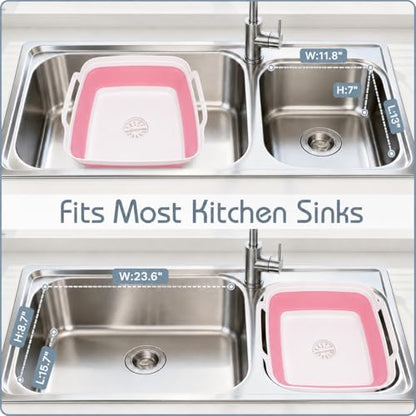 2.4 Gal(9L) Collapsible Dish Basin with Drain Plug, Space Saving Outdoor Multiuse Foldable Sink Tub, Dishpan, Kitchen Storage Tray for Camping, Vegetable Washing, RV (Pink) - color: Pink