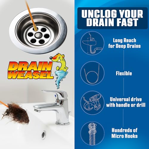 FlexiSnake Drain Weasel PowerSnake Drain Hair Clog Remover Tool – Plumbing Snake Auger for Cleaning Shower, Tub, Bathroom with Drill Connector, Rotating Handle and 3 Wands, 36 Inches Long Made in USA