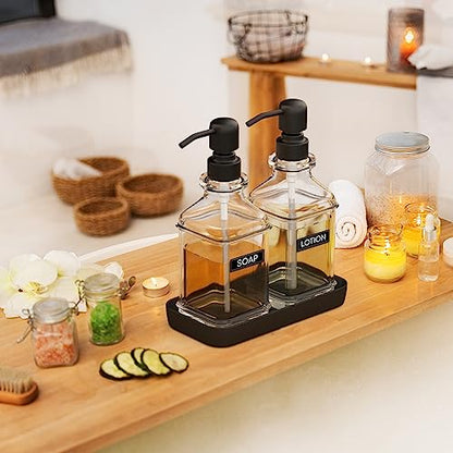 LMQML Soap Dispenser - 2 Pack, Antique Design Thick Glass Hand Soap Dispensers with Sturdy Tray; 304 Rust Proof Stainless Steel Black Pump, 12Pcs Stickers, for Kitchen, Bathroom - color: Black