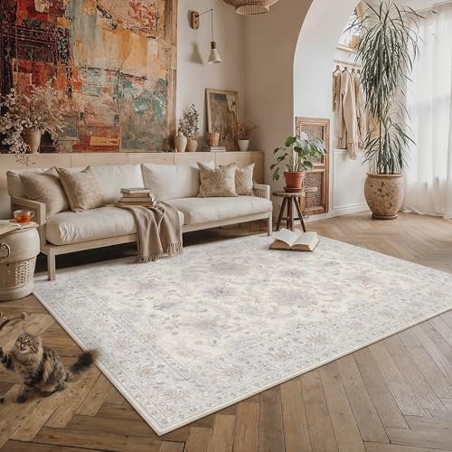 HUGEAR 5x7 Area Rug Cream Blue Vintage Machine Washable Rug Distressed Living Room Rugs Room Decor Low Pile Non Slip Soft Carpet for Bedroom Office Dining Room Soft Lightweight - color: Cream Blue, size: 5' x 7' (Rectangular)