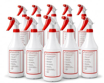 Jantle 32 oz Spray Bottles (12 Pack) Heavy Duty Refillable Trigger Sprayer, Adjustable Nozzle Mist/Stream, Measurement Markings, Multipurpose Cleaning & Plants