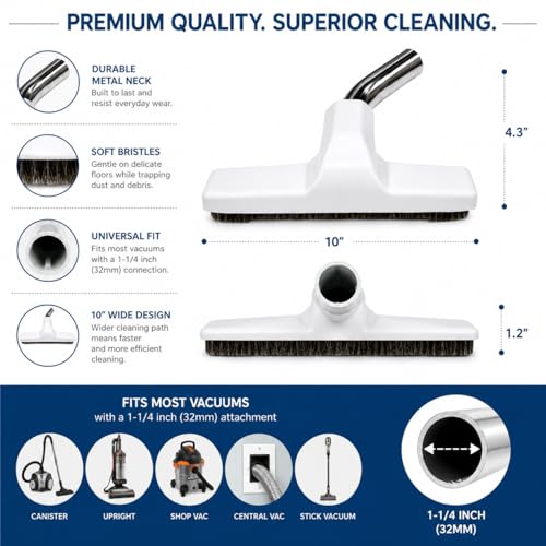 Merchandise Mecca 2 Pack Premium Hardwood Floor Brush Vacuum Attachment – Black Metal Neck, Soft Bristles, Universal Size 1-1/4 Inch (32mm) Fit, 10” Wide (White) - color: White