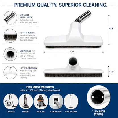 Merchandise Mecca 2 Pack Premium Hardwood Floor Brush Vacuum Attachment – Black Metal Neck, Soft Bristles, Universal Size 1-1/4 Inch (32mm) Fit, 10” Wide (White) - color: White