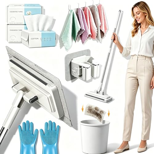 Hands Free Flat Mop, 2026 New Hands Free Multi Purpose Flat Mop, Multifunctional Lazy Mops with One-Click Cloth Attachment, 360° Rotating Mops Head, for Floor, Wall, Bathroom (1, S(37.4in)) - color: S(37.4in)