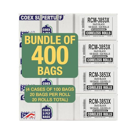 Aluf Plastics - 3 Ply Trash Bags, 44 Gallon, 1.5 Mil (eq), 38"x53", Black, 400 Count (20 Rolls of 20) - style: 44 Gal, 1.5 Mil Equiv, 400 Count