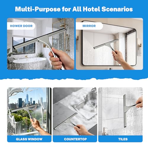 All-Purpose Stainless Steel Squeegee, 10 Inch Silver Shower Squeegee with 1 Adhesive Hooks, Streak-Free Silicone Blade for Shower Door, Window, Car, Tile Wall, Bathroom Household Cleaning Tool