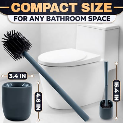 Toilet Brush and Holder Set - Silicone Toilet Brush Cleaner with Dark Grey Holder Base, Compact Accessory for Small Spaces - Easy to Place & Simple to Store After Use, Plastic Bathroom Cleaning Tool - color: Gray