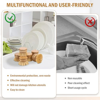 6pcs Bamboo Dish Brush Replacement Heads, Wooden Dish Brushes for Cleaning – Kitchen Wood Dish Scrubbers Washing Up Brush Heads – Natural Bristle Brush Refills for Dishes, Pots – Eco Friendly