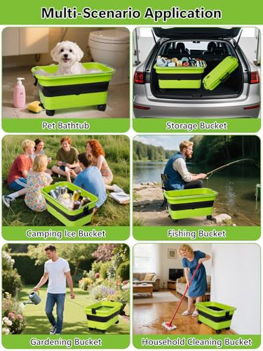 Collapsible Bucket 5.8 Gallon 22L with Wheels Handle Drain Plug Water Outlet and 2 Universal Connectors for Portable Pressure Washer Cordless Car Washing Camping RV Pet Bath Multi-Use