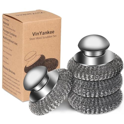 4pcs Steel Wool Scrubber with Replacement Wire Sponge Pads Set, Stainless Steel Scrubber with Handle for Scouring Stubborn Messes from Cast Iron, Pots, Pans, Grill, Stoves, Sink(2 Scrubber+2 Pads)