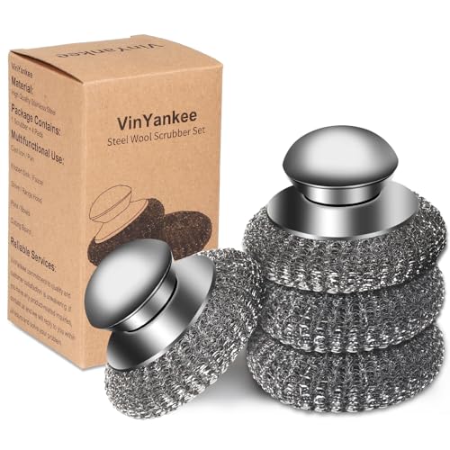 4pcs Steel Wool Scrubber with Replacement Wire Sponge Pads Set, Stainless Steel Scrubber with Handle for Scouring Stubborn Messes from Cast Iron, Pots, Pans, Grill, Stoves, Sink(2 Scrubber+2 Pads)