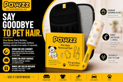 2 PCS PAWZZ Pet Hair Removal Glove for Dogs & Cats, Great for Deshedding & Removing Fur from Couch, Carpet, Car Seats & Clothing, with Bonus Lint Roller
