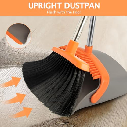 2-Pack Broom and Dustpan Set with Long Handle, Heavy Dust Broom and Dustpan Combo for Home，Kitchen, Office, Pet Hair(Gray Orange) - color: Gray Orange 2-pack