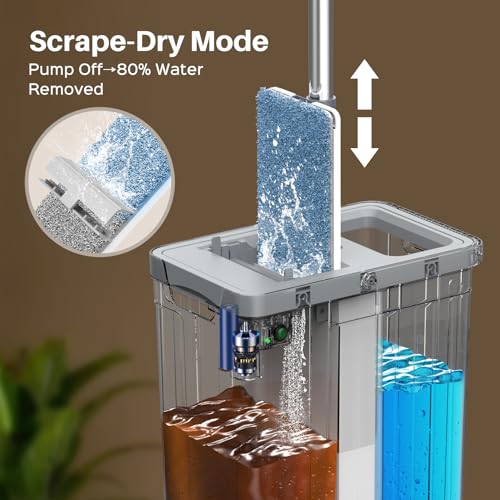 Mop and Bucket Set with AUTO Pump, 3-Zone Separate Dirty and Clean Water, Flat Mop and Bucket System with Wringer and Wheels, 4 Reusable Microfiber Pads, One-Touch Water Filling for Home Cleaning - size: mop bucket set + 4 pads