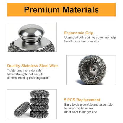 6pcs Steel Wool Scrubber with Replacement Wire Sponge Pads Set, Stainless Steel Scrubber for Dishes, Perfect for Cleaning Metal Pans, Pots, Grills & More, Sink(1 Scrubber+5 Pads)