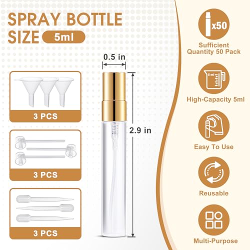 Mini Glass Spray Bottle 50pcs 5ml Clear Spray Bottle Empty, Fine Mist Refillable Mini Perfume Spray Bottle, Perfume Atomizer, Travel Spray Bottle For Hair, Small Empty Sample Containers Portable - style: Spray Bottle5ml-50P