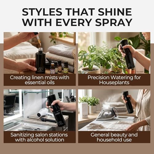 Professional Continuous Fine Mist Spray Bottle – Refillable Ultra-Fine Mister w/ 360° Spray for Hair Styling, Curls, Plants & Household Cleaning – Sleek Black Design for Salon or Home Use