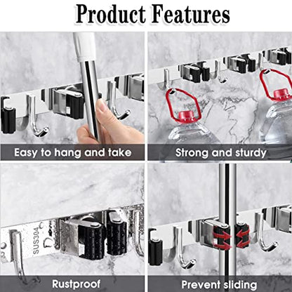 2 Pack Mop and Broom Holder Wall Mount, 5 Racks and 4 Hooks Broom Organizer Storage Tool Racks Stainless Steel Heavy Duty Hooks Self Adhesive Solid Non-slip for Home Kitchen Garden Laundry Garage - color: 5 Racks & 4 Hooks (Silver) - 2 Pack