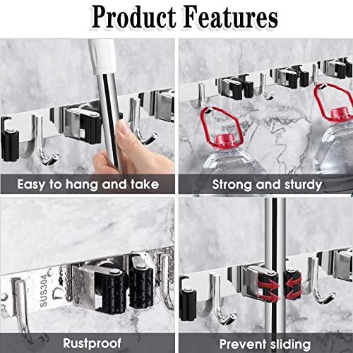 AceMining 5 Racks and 4 Hooks Mop and Broom Holder Wall Mount, Broom Organizer Storage Tool Racks Stainless Steel Heavy Duty Hooks Self Adhesive Solid Non-slip for Home Kitchen Garden Laundry Garage - color: 5 Racks & 4 Hooks (Silver) - 1 Pack