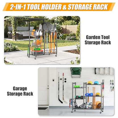 Ultrawall Garden Tool Organizer with Lockable Wheels, Yard Tool Storage Rack for Garage, Garden Tool Stand for Rake, Brooms, Indoor & Outdoor Use - size: Large