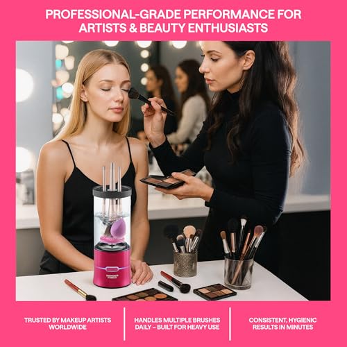 Electric Makeup Brush Cleaner – Automatic Brush Washer for Brushes & Sponges, USB Rechargeable Cleaning Machine with Silicone Disk, Portable Holder Stand (Pink) (Light Pink)