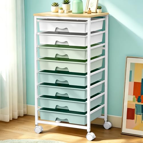 SUNALLY Rolling Storage Utility Cart With 8 Drawers, Storage Drawer Cart with Wooden Tabletop and 2 Lockable Wheels, 8 Tier Rolling Cart for Craft Art Supply Storage & Home Office Organization, Green - color: Green