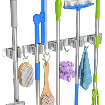 Broom Holder Wall Mount, Mop and Broom Organizer Broom Hanger Storage Tool Utility Racks Stainless Steel Wall Hooks Solid Mop Rack for Home Kitchen Garden Laundry Garage (5 Racks 4 Hooks) - size: 5 Racks 4 Hooks