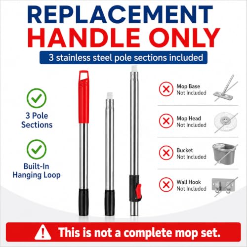 RinseWise Spin Mop Replacement Handle Only, 3-Section Stainless Steel Pole with 35/49/61 in Length Options, Fits All Tsmine FunClean Models, Not Universal, No Mop Head, Base or Bucket - Red - color: Red