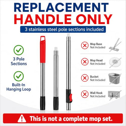 RinseWise Spin Mop Replacement Handle Only, 3-Section Stainless Steel Pole with 35/49/61 in Length Options, Fits All Tsmine FunClean Models, Not Universal, No Mop Head, Base or Bucket - Red - color: Red