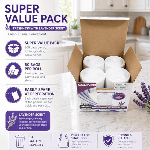 4 gallon Small Trash Bags Lavender Scented (200 Count) CCLINERS White Bathroom Garbage Bags 15 Liter Diaper Bags Mini Wastebasket Can Liners for Home Office Bins (200 Bags) - size: 200 Count (Pack of 1)